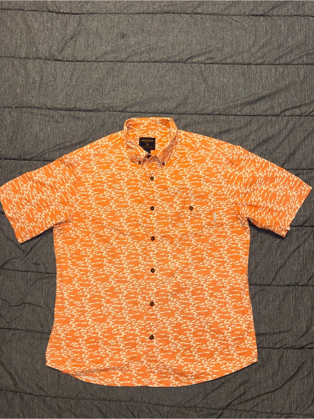 Y2K Woolrich Lobster Mill Men's L Orange/White Fish Print SS Shirt